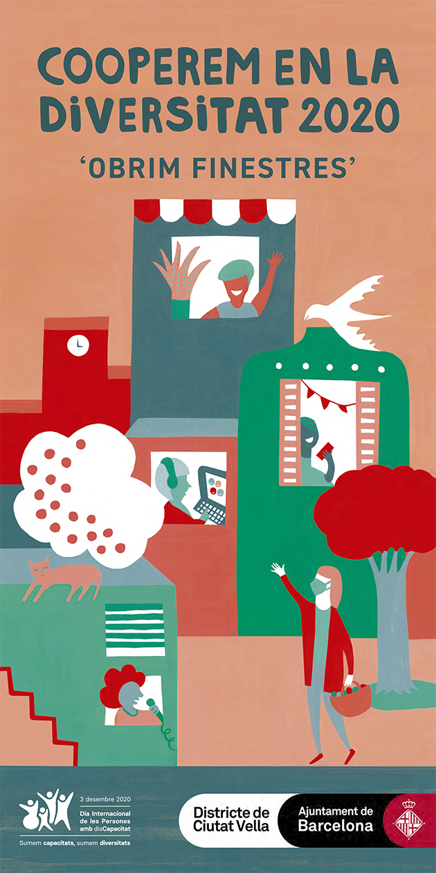 Cartell de l'edició 2020 amb una il·lustració en colors vius d'un barri, amb gent fora i dins les cases, desenvolupant diverses activitats (teletreballant, fent la compra, etc.)